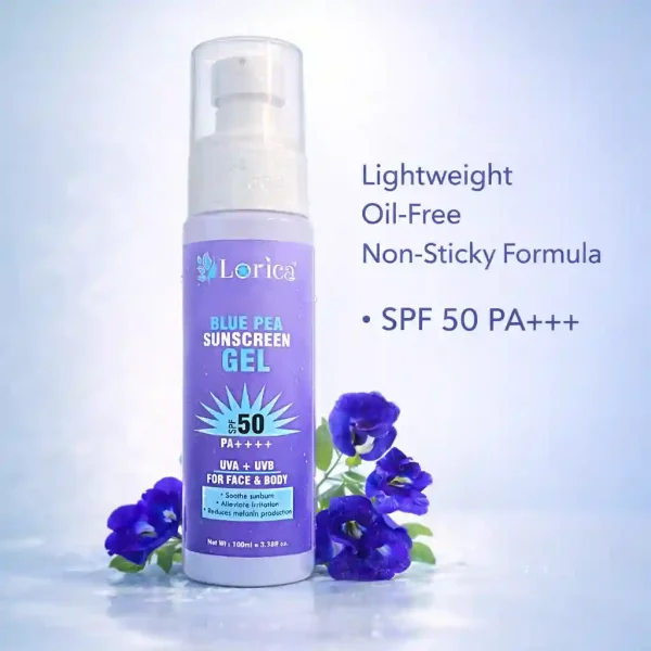 LORICA Blue Pea Sunscreen Gel SPF 50 PA+++ | Lightweight Oil-Free UV Protection for Oily & Sensitive Skin (100g)