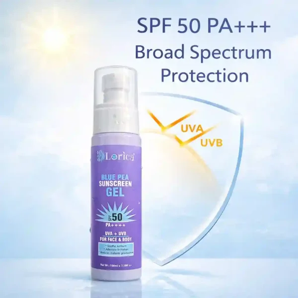 LORICA Blue Pea Sunscreen Gel SPF 50 PA+++ | Lightweight Oil-Free UV Protection for Oily & Sensitive Skin (100ml)