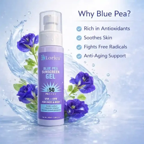 LORICA Blue Pea Sunscreen Gel SPF 50 PA+++ | Lightweight Oil-Free UV Protection for Oily & Sensitive Skin (100ml)