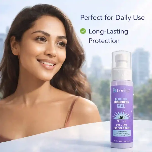 LORICA Blue Pea Sunscreen Gel SPF 50 PA+++ | Lightweight Oil-Free UV Protection for Oily & Sensitive Skin (100ml)